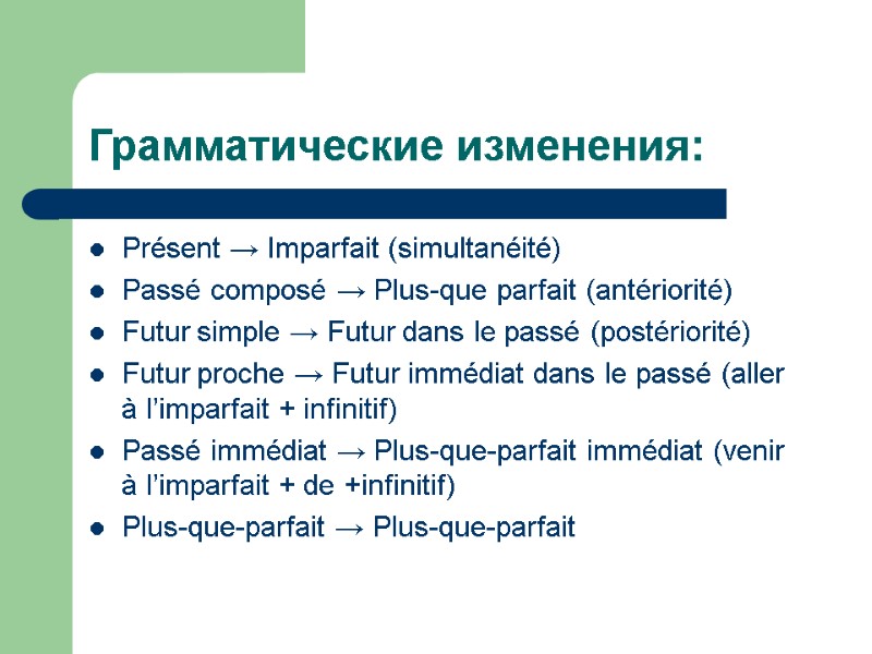 Грамматические изменения: Présent → Imparfait (simultanéité) Passé composé → Plus-que parfait (antériorité) Futur simple